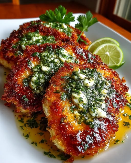 Plate crispy chicken cutlets and drizzle with hot honey lime feta sauce Recipe - Recipe Image