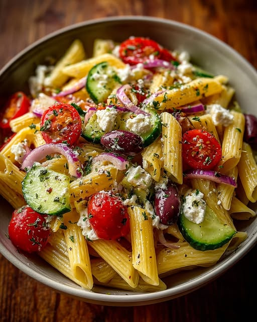 Greek Pasta Salad with Feta, Olives & Cucumber Recipe - Recipe Image