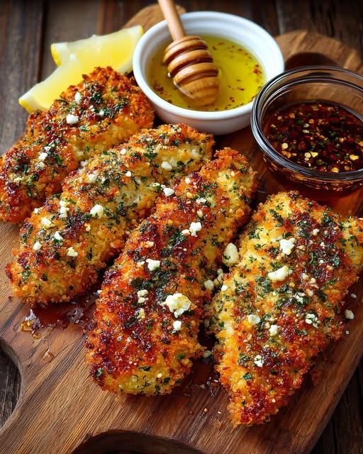 Crispy Hot Honey Lemon Feta Chicken Tenders with Herb Crust Recipe