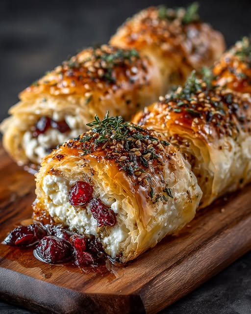 Golden Baked Feta Rolls with Sweet Cranberry Honey Recipe - Recipe Image