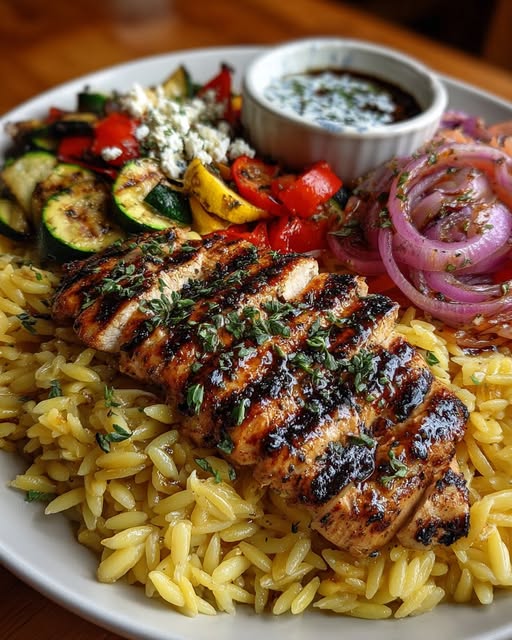 Balsamic Chicken Orzo with Grilled Veggies & Creamy Feta Recipe