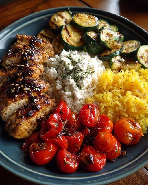 Balsamic Chicken Rice with Grilled Veggies & Whipped Feta Recipe - Recipe Image