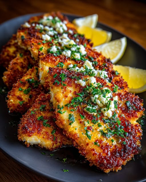 Plate crispy chicken cutlets and drizzle with hot honey lemon feta sauce Recipe - Recipe Image