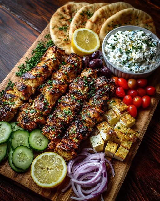 Greek Chicken Souvlaki Grazing Board with Garlic Feta Dip Recipe