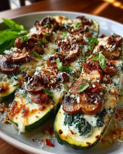 Spinach Mushroom and Ricotta Stuffed Zucchini Boats Recipe
