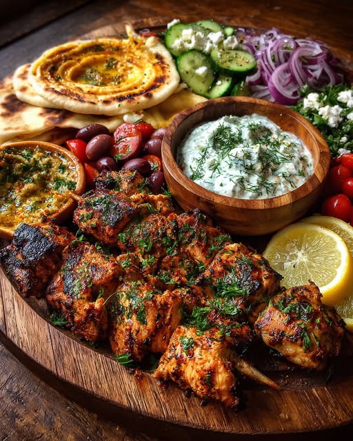 Greek Grilled Chicken Souvlaki Mezze Board with Fresh Herbs Recipe