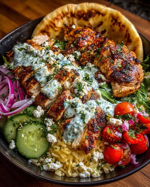 Mediterranean Chicken Pita Bowl with Spicy Feta Sauce Recipe