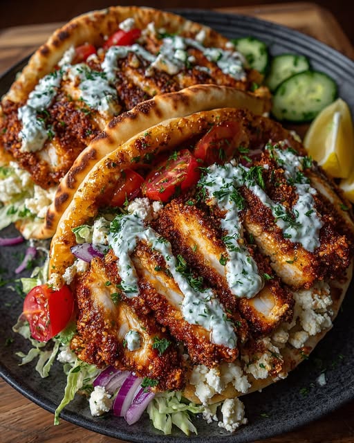 Crispy Hot Honey Feta Chicken Pita with Tzatziki Drizzle Recipe
