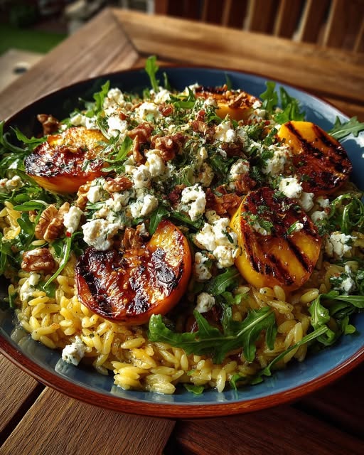 Grilled Peach & Arugula Orzo with Goat Cheese Recipe - Recipe Image