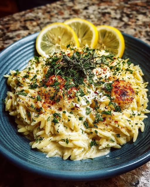 Creamy Goat Cheese Orzo with Lemon & Herbs Recipe - Recipe Image