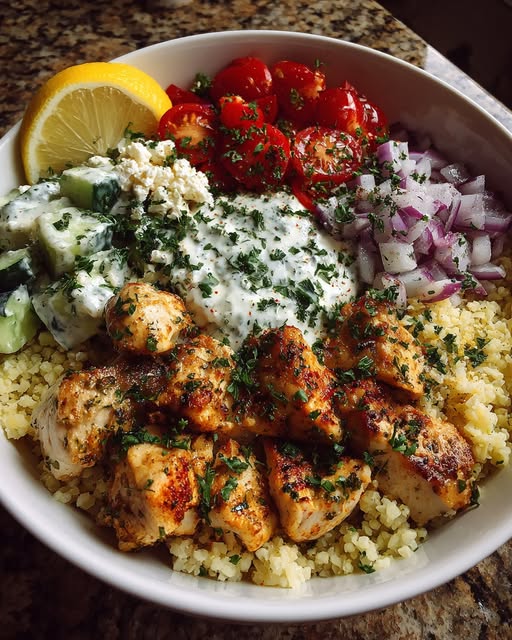 Mediterranean Chicken Power Bowl with Yogurt Feta Sauce Recipe - Recipe Image