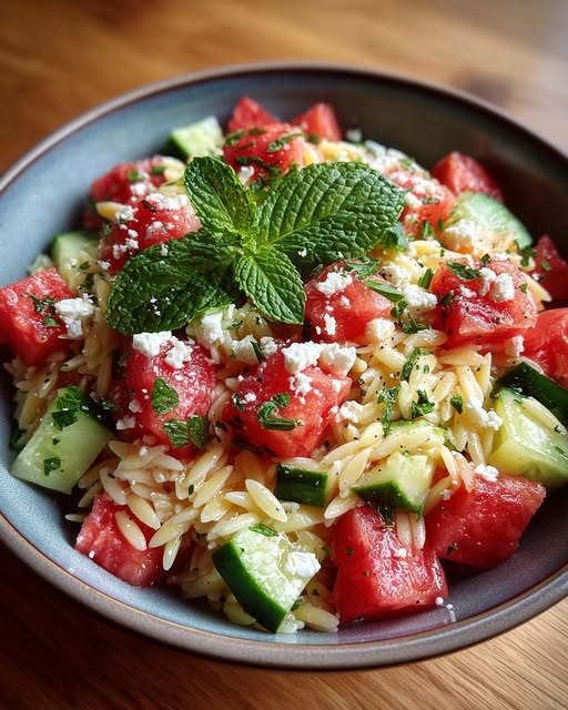 Watermelon Cucumber Orzo with Mint & Feta Recipe