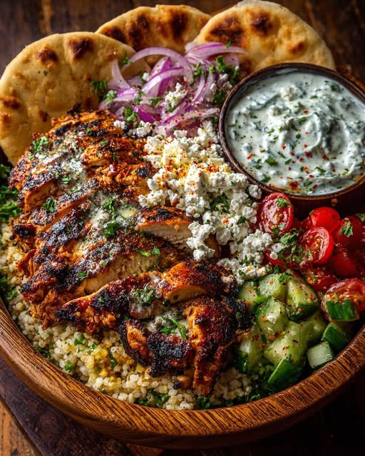 Mediterranean Chicken Pita Bowl with Garlic Feta Sauce Recipe