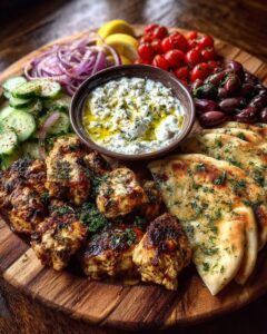 Greek Chicken Souvlaki Grazing Board with Feta Dip Recipe