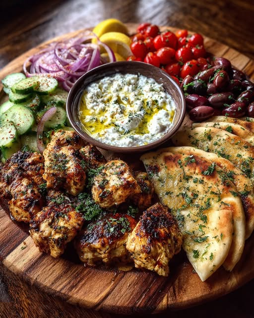 Greek Chicken Souvlaki Grazing Board with Feta Dip Recipe