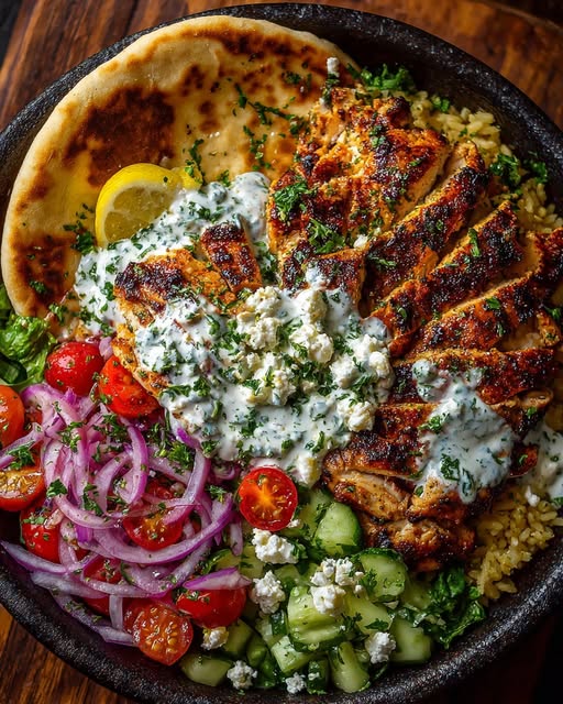 Mediterranean Chicken Pita Bowl with Lemon Feta Sauce Recipe - Recipe Image