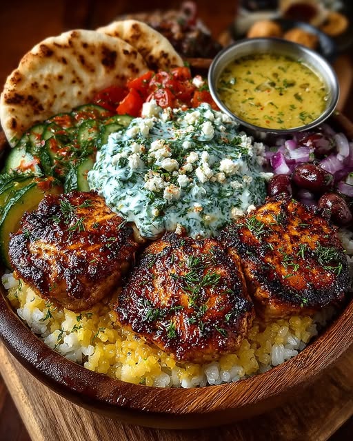 Mediterranean Chicken Pita Bowl with Lemon Feta Sauce Recipe - Recipe Image