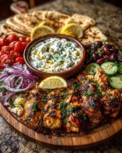 Greek Chicken Souvlaki Mezze Board with Feta Dip Recipe