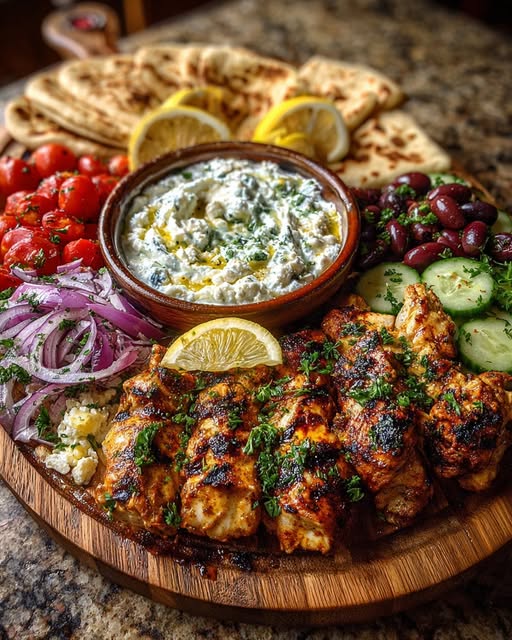 Greek Chicken Souvlaki Mezze Board with Feta Dip Recipe - Recipe Image