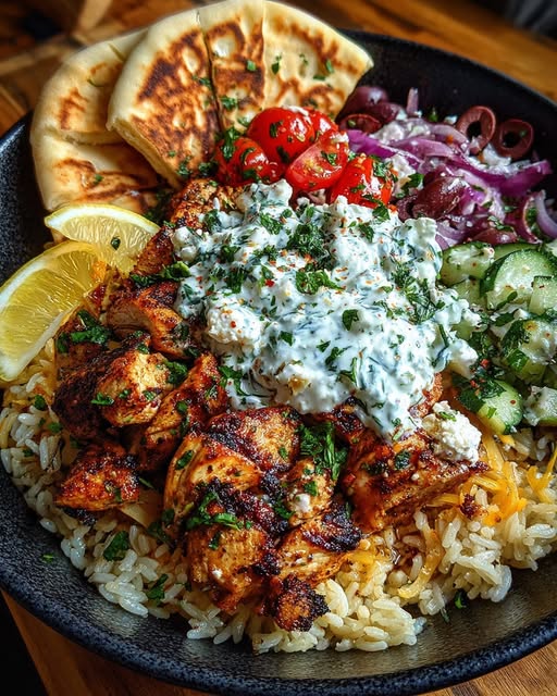 Mediterranean Chicken Pita Bowl with Herb Feta Sauce Recipe
