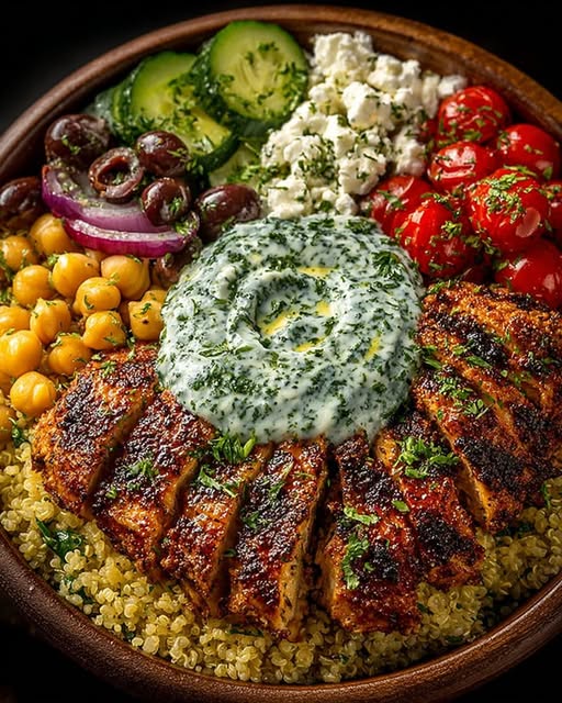 Mediterranean Chicken Power Bowl with Yogurt Feta Dip Recipe - Recipe Image